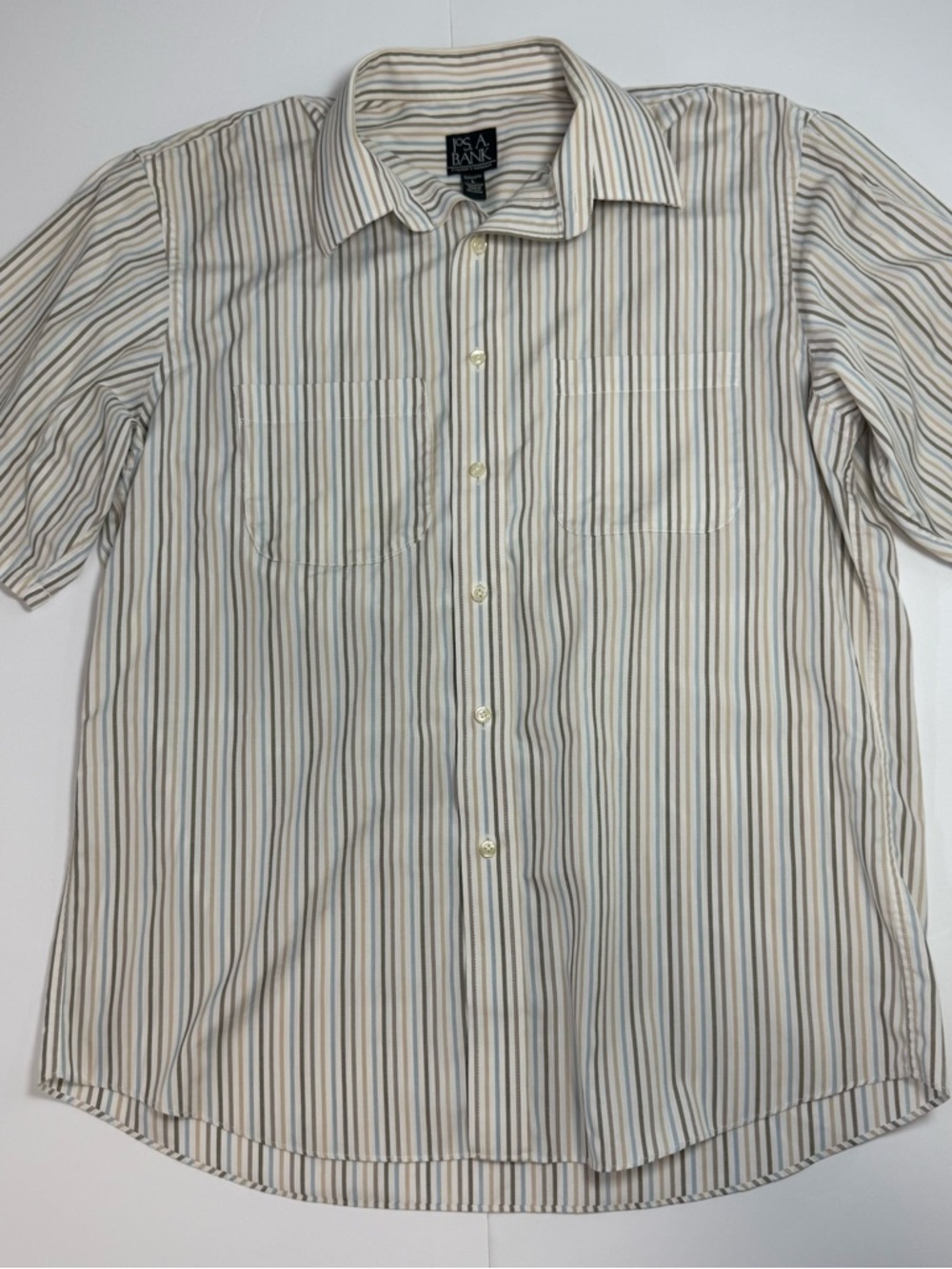 Jos. A. Bank Short Sleeve Striped Button-Down Shirt - Cream, Blue, Tan